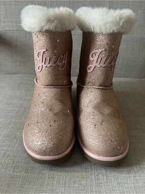 Juicy Couture Girls' Logo Sparkle Pink Faux-Fur Cuff Boots, Size 4